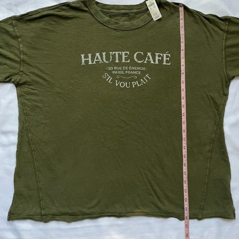Aerie Oversized Haute Cafe Paris Graphic T Shirt Womens Large Olive Green NWT - Picture 9 of 9